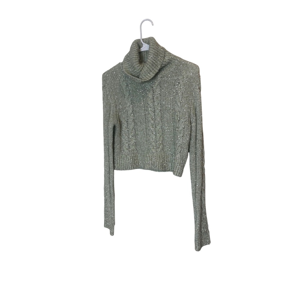 Pilcro Sweater Womens XS Green Turtleneck Cable Knit Metallic Cropped Pullover